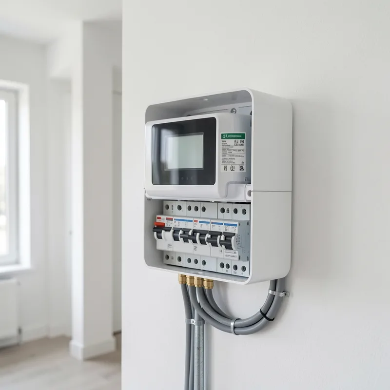 Compteur électrique et disjoncteur de branchement dans un tableau de logement neuf
