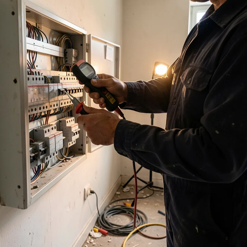 Électricien contrôlant les protections d&rsquo;un tableau électrique modulaire avec une pince multimètre