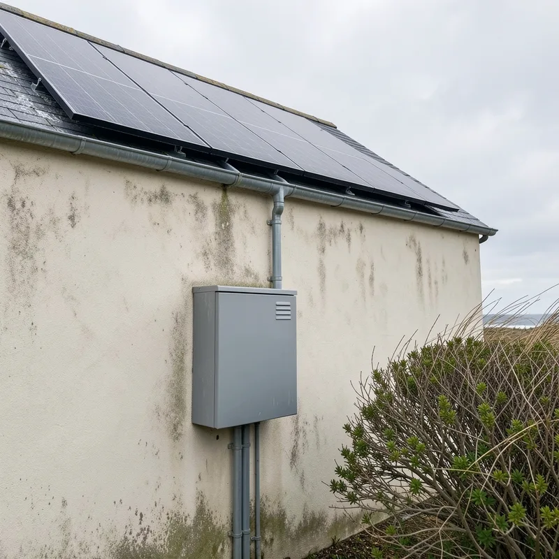 Coffret électrique extérieur et panneaux photovoltaïques sur une maison exposée aux embruns