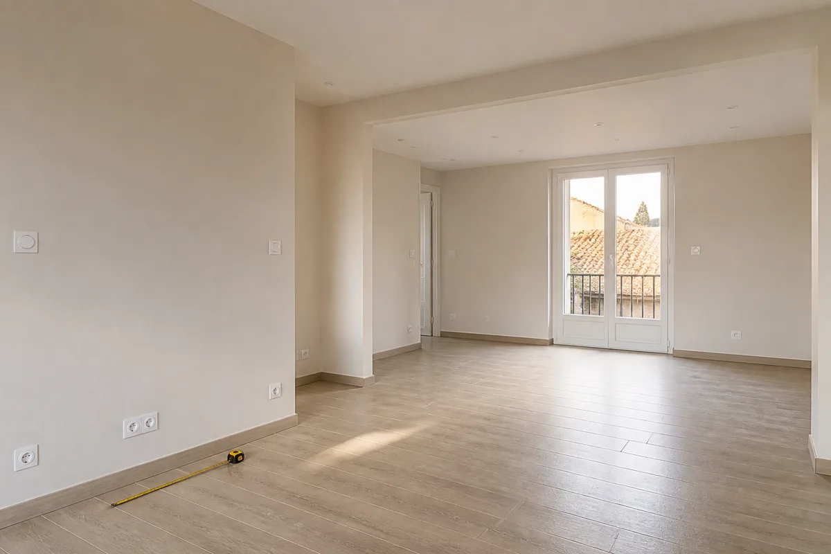 Séjour en cours de rénovation avec socles de prise posés le long d&rsquo;une plinthe