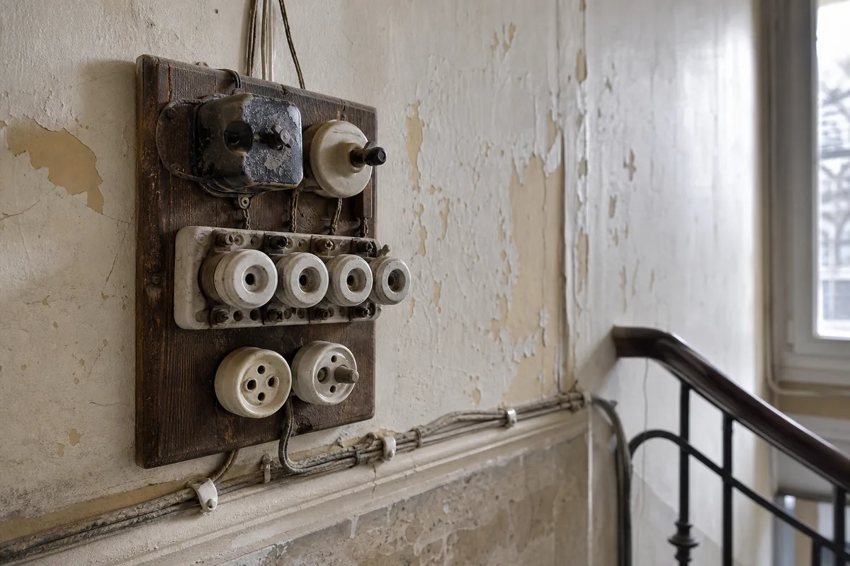 Tableau électrique ancien à fusibles en porcelaine dans le couloir d&rsquo;un immeuble lorientais, lumière froide de fin de journée