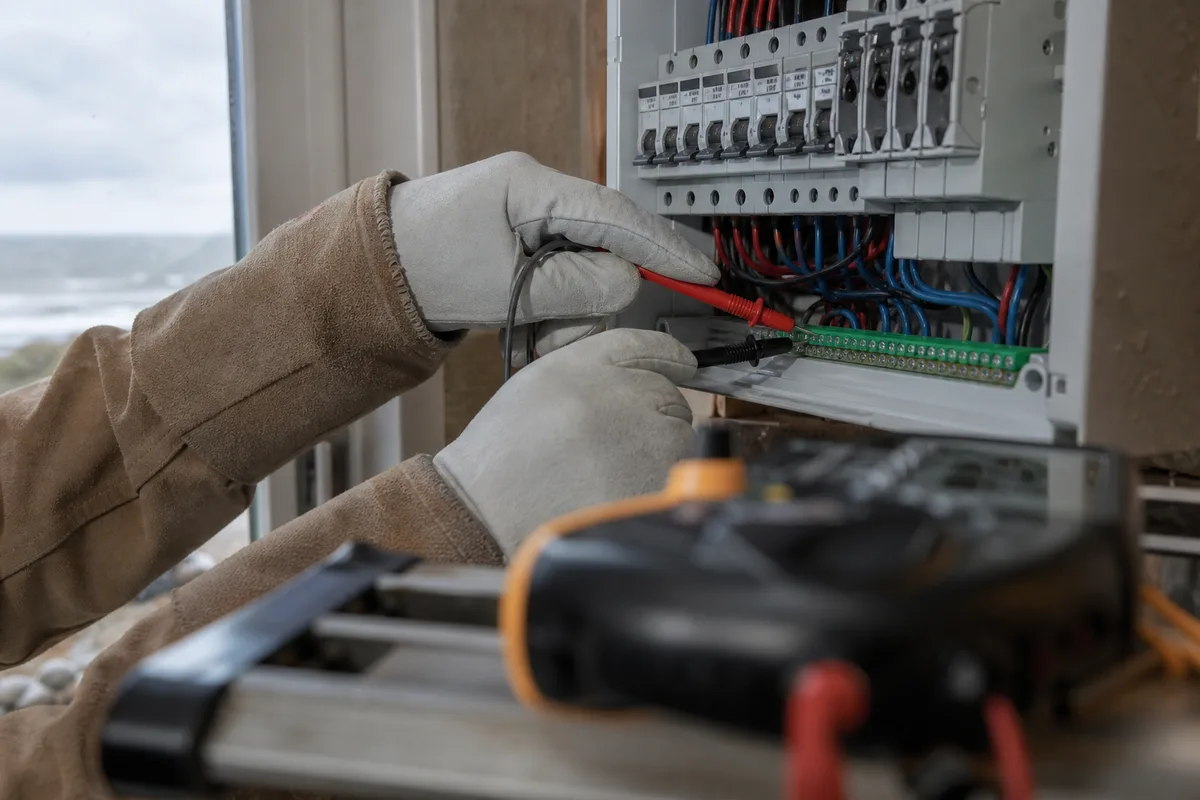 Mains gantées d&rsquo;un électricien testant un disjoncteur différentiel dans un tableau modulaire récent, multimètre posé à côté
