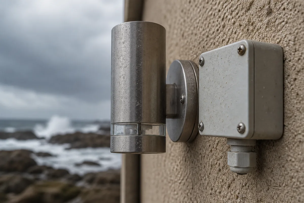 Applique extérieure en inox et boîtier étanche sur la façade d&rsquo;une maison de bord de mer
