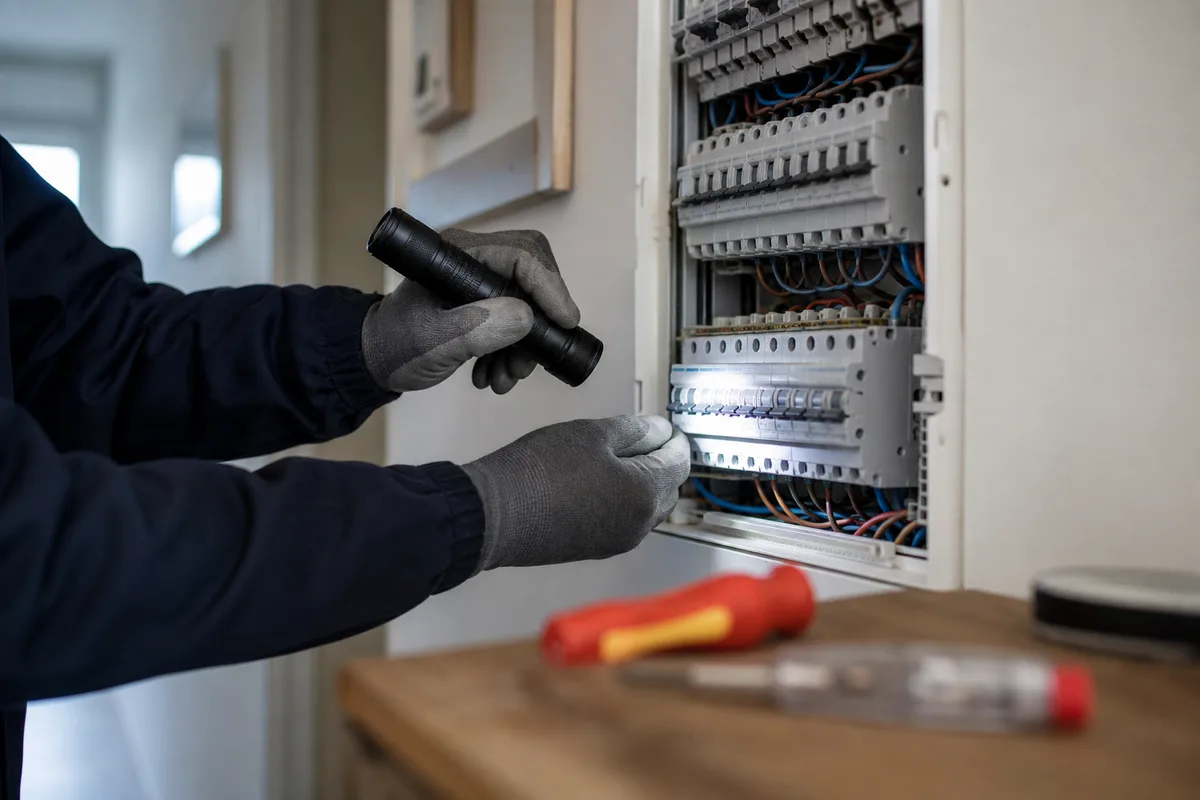 Tableau électrique ouvert dans un couloir de maison bretonne, main tenant une lampe torche devant les disjoncteurs