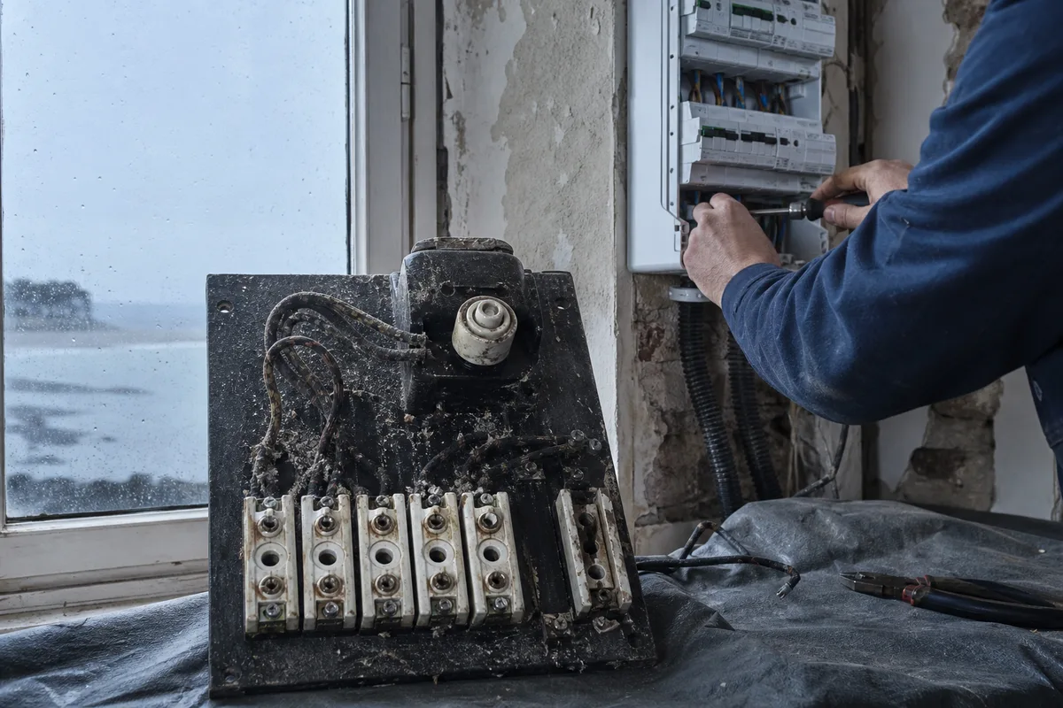 Ancien tableau électrique à fusibles en porcelaine dans un logement ancien, en cours de remplacement par un tableau moderne