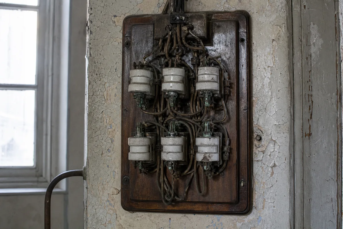 Tableau électrique ancien à fusibles porcelaine dans le couloir d&rsquo;un immeuble breton