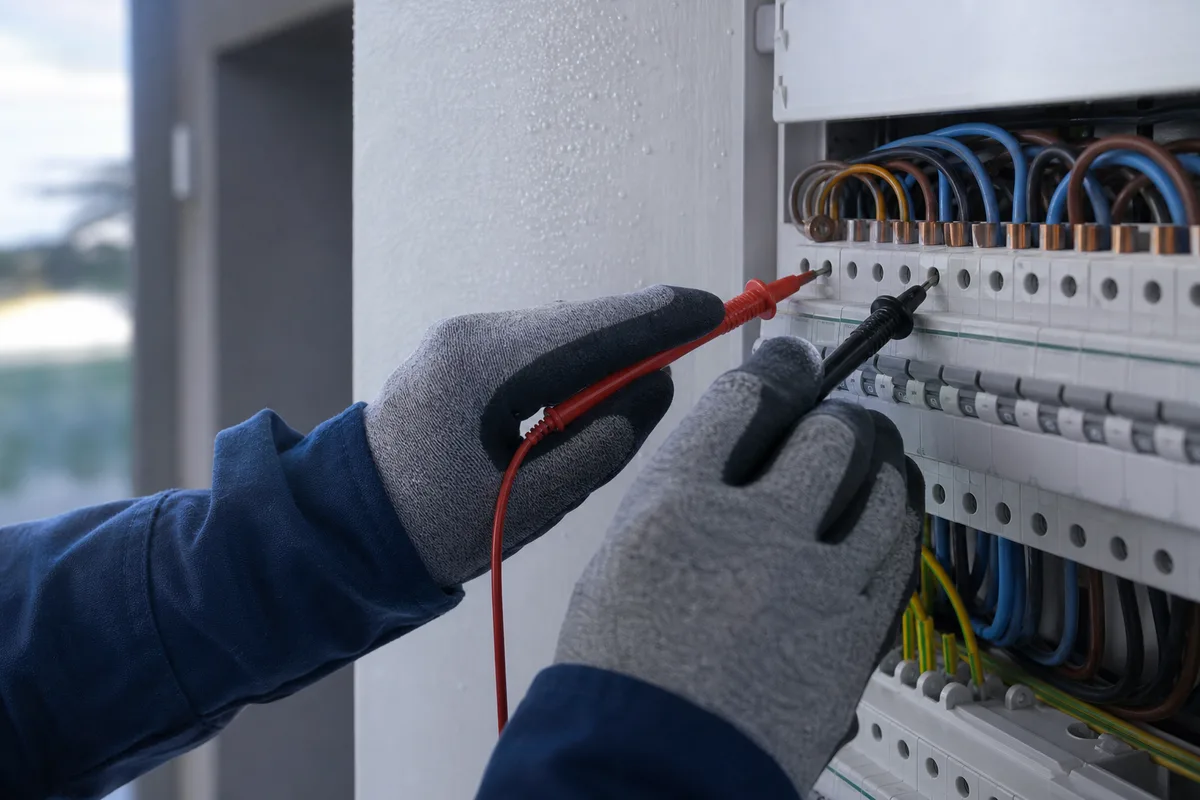 Mains gantées d&rsquo;un électricien vérifiant la tension sur un tableau modulaire