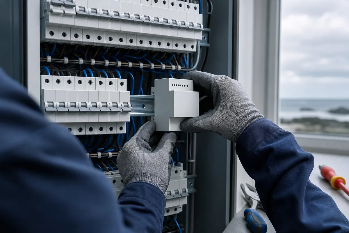 Mains d&rsquo;un électricien vérifiant les modules connectés d&rsquo;un tableau électrique moderne dans une maison bretonne