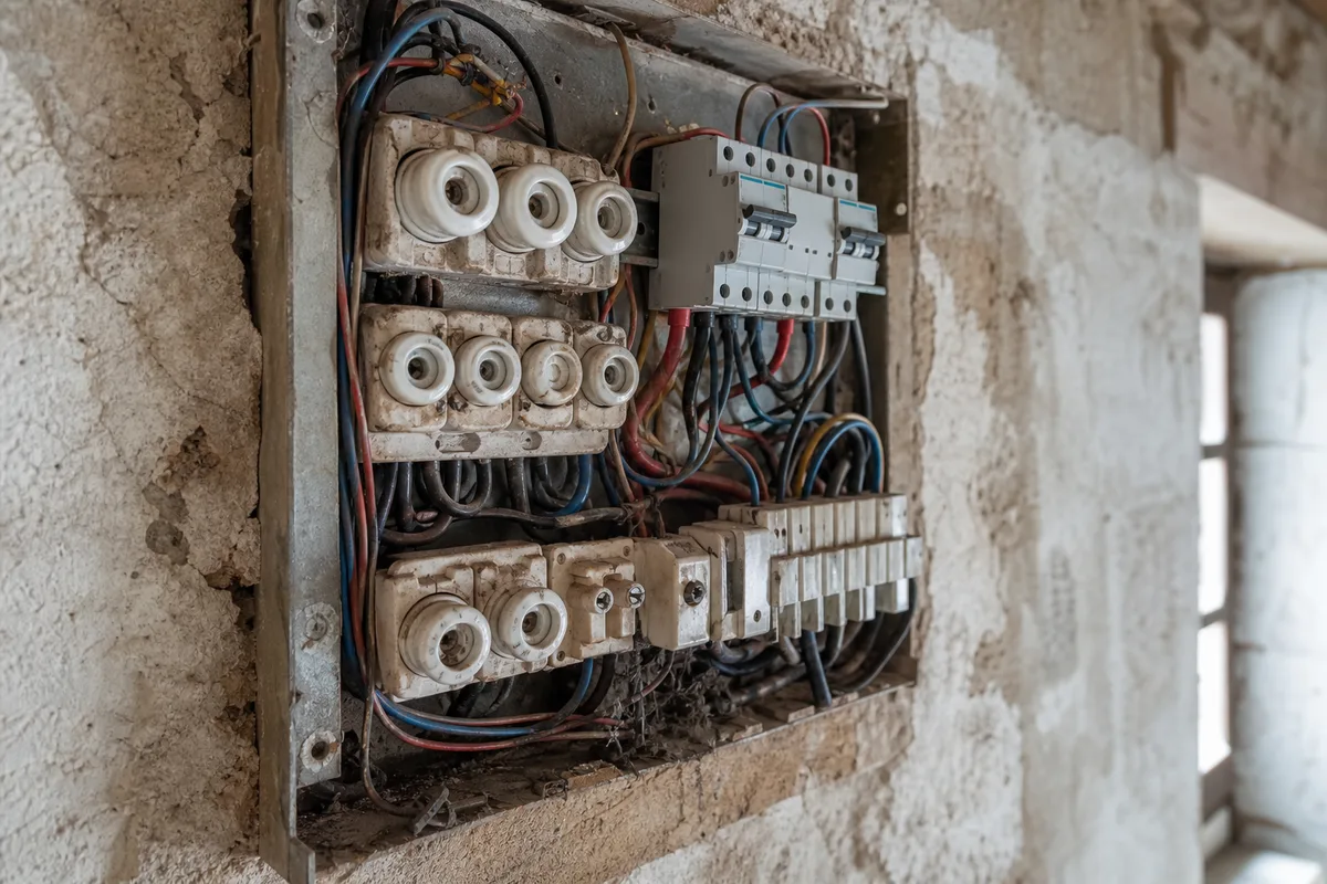 Tableau électrique ancien ouvert dans une longère bretonne rénovée
