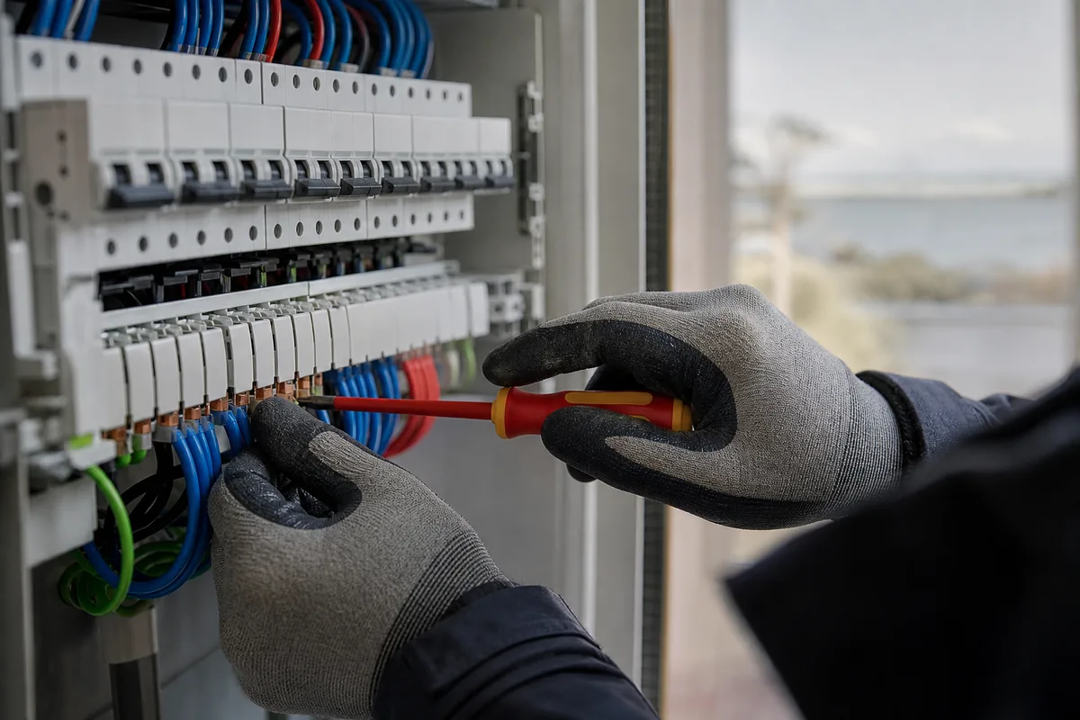 Mains gantées d&rsquo;un électricien serrant un peigne de raccordement dans un tableau neuf