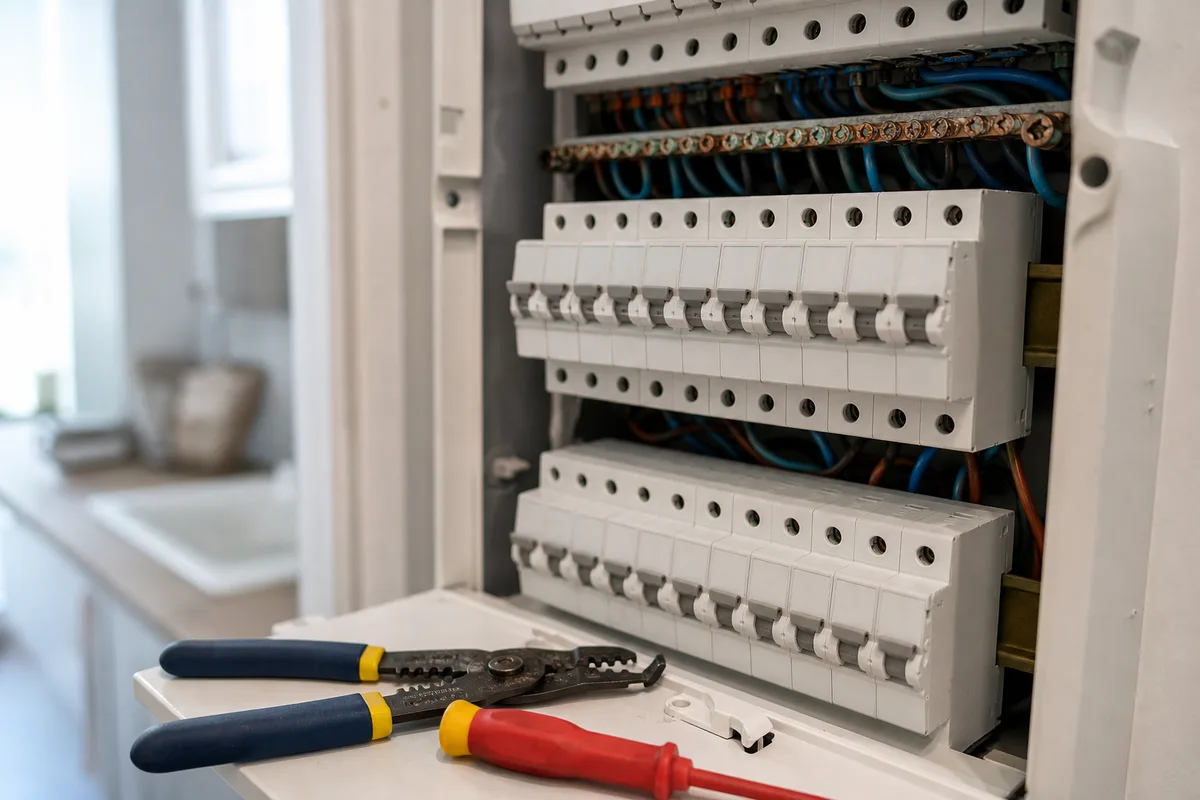 Tableau électrique ouvert dans une maison de bord de mer, bornes légèrement oxydées et pince d&rsquo;électricien posée sur le capot