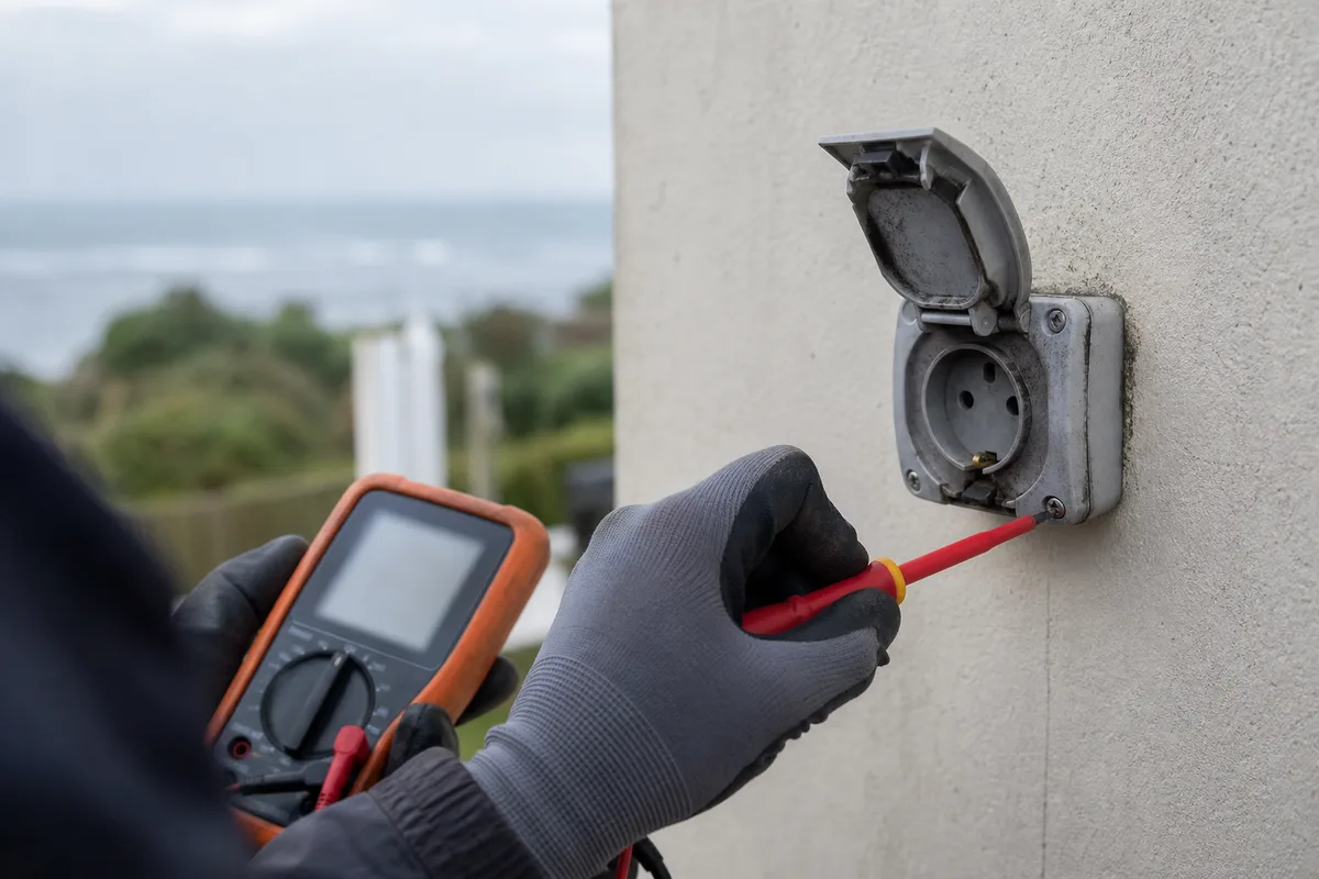 Mains gantées d&rsquo;un électricien contrôlant une prise extérieure corrodée sur le mur d&rsquo;une maison face à la mer