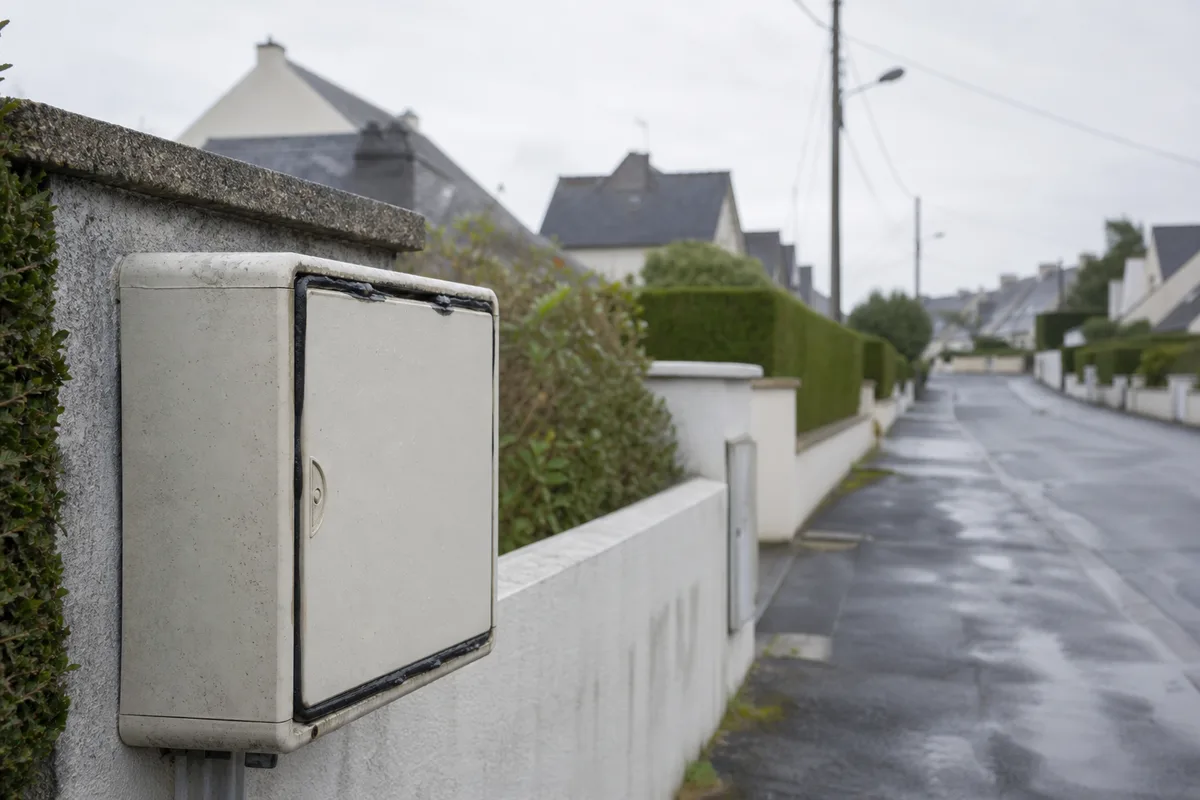 Rue pavillonnaire de Ploemeur sous une lumière froide, avec un coffret de branchement en limite de propriété