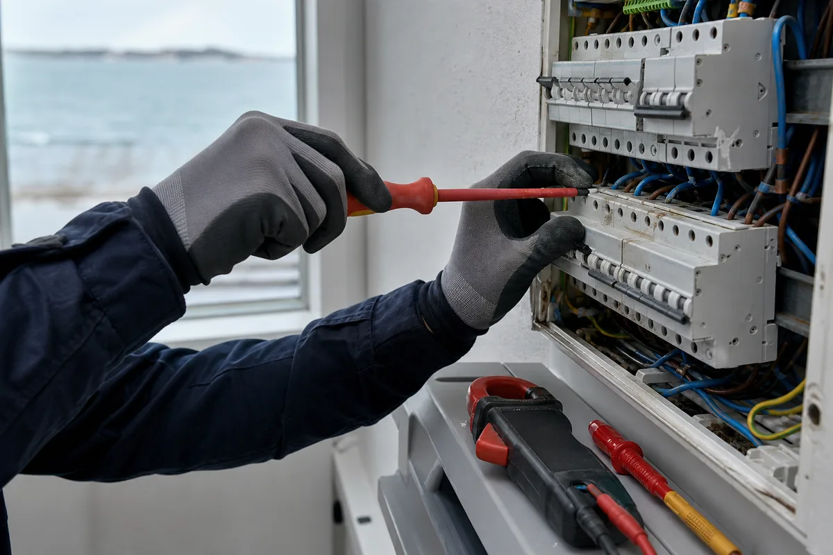 Mains gantées contrôlant le serrage des bornes d&rsquo;un tableau électrique dans une maison de bord de mer