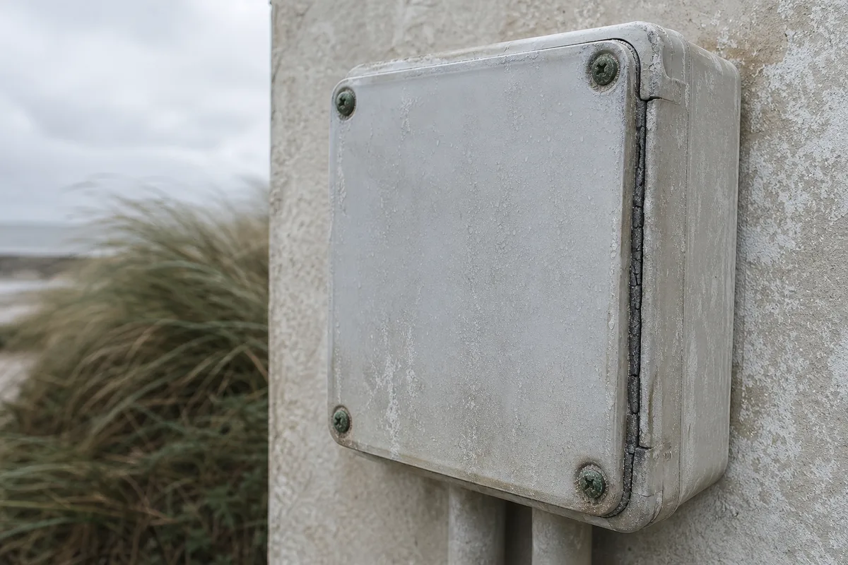 Coffret électrique extérieur marqué par les embruns sur une maison de la presqu&rsquo;île de Quiberon