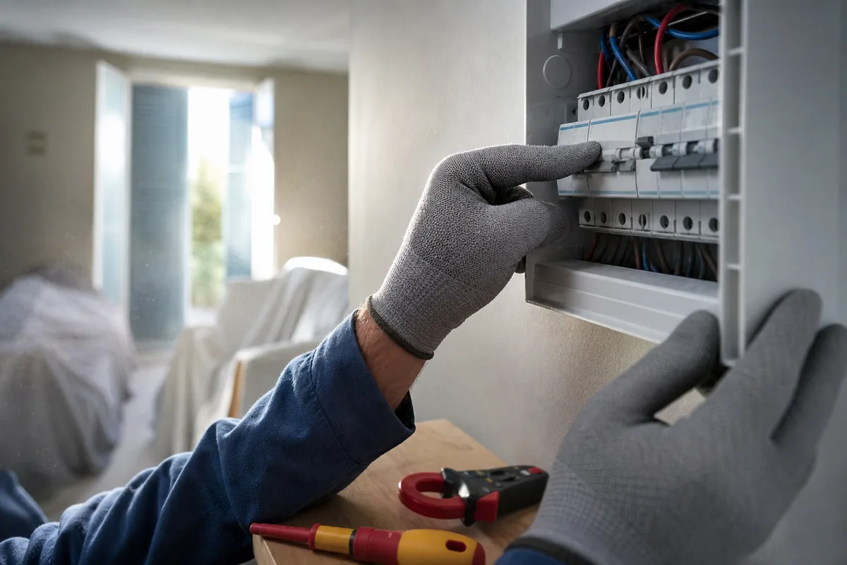 Mains gantées vérifiant les protections d&rsquo;un tableau électrique lors d&rsquo;une remise en service de printemps