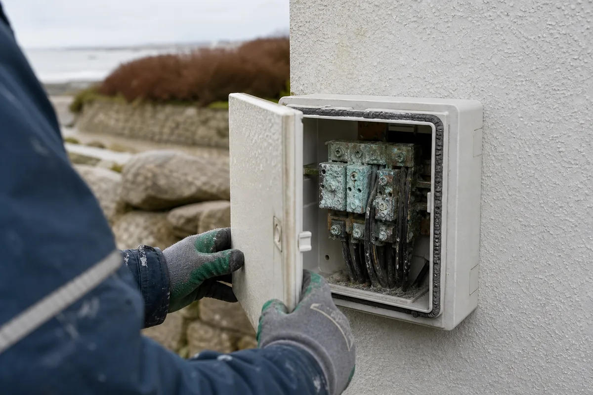 Coffret électrique extérieur corrodé par les embruns sur une maison du littoral morbihannais
