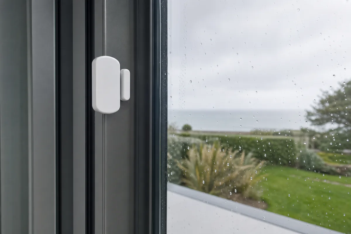 Détecteur d&rsquo;ouverture posé sur la menuiserie d&rsquo;une porte-fenêtre dans un pavillon breton