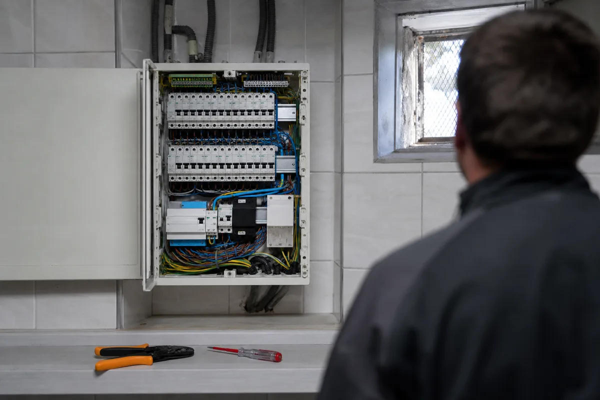 Coffret électrique ouvert avec départ dédié et centrale d&rsquo;alarme installée dans un cellier