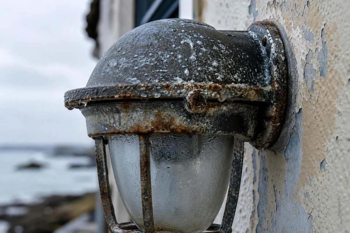 Applique extérieure oxydée par les embruns sur une façade de maison bretonne en bord de mer