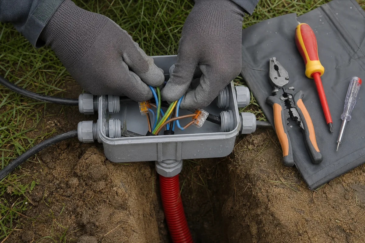 Mains d&rsquo;un électricien raccordant un boîtier étanche d&rsquo;éclairage extérieur dans un jardin breton