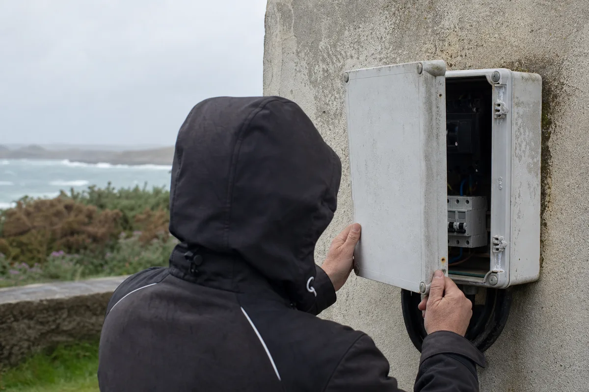 Boîtier électrique extérieur oxydé par l&rsquo;air salin sur une maison du littoral