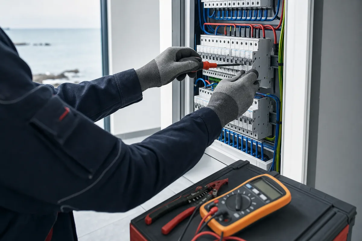 Mains gantées d&rsquo;un électricien raccordant les départs d&rsquo;un tableau modulaire neuf