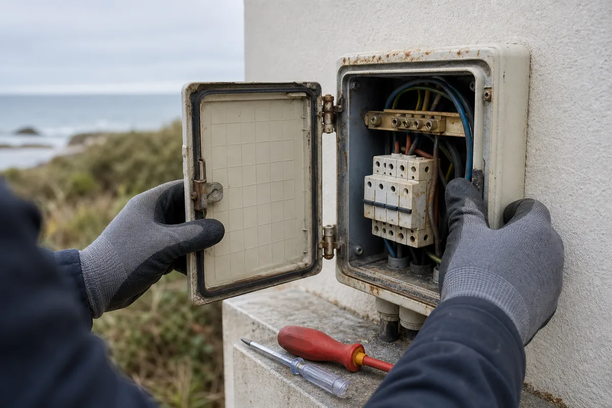 Coffret électrique extérieur ouvert sur la façade d&rsquo;une maison de bord de mer, vis et contacts oxydés par les embruns